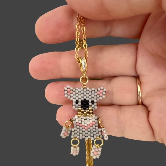 Dainty brick stitch, beaded koala bear pendant on gold chain with moving limbs - Picture 2 of 8